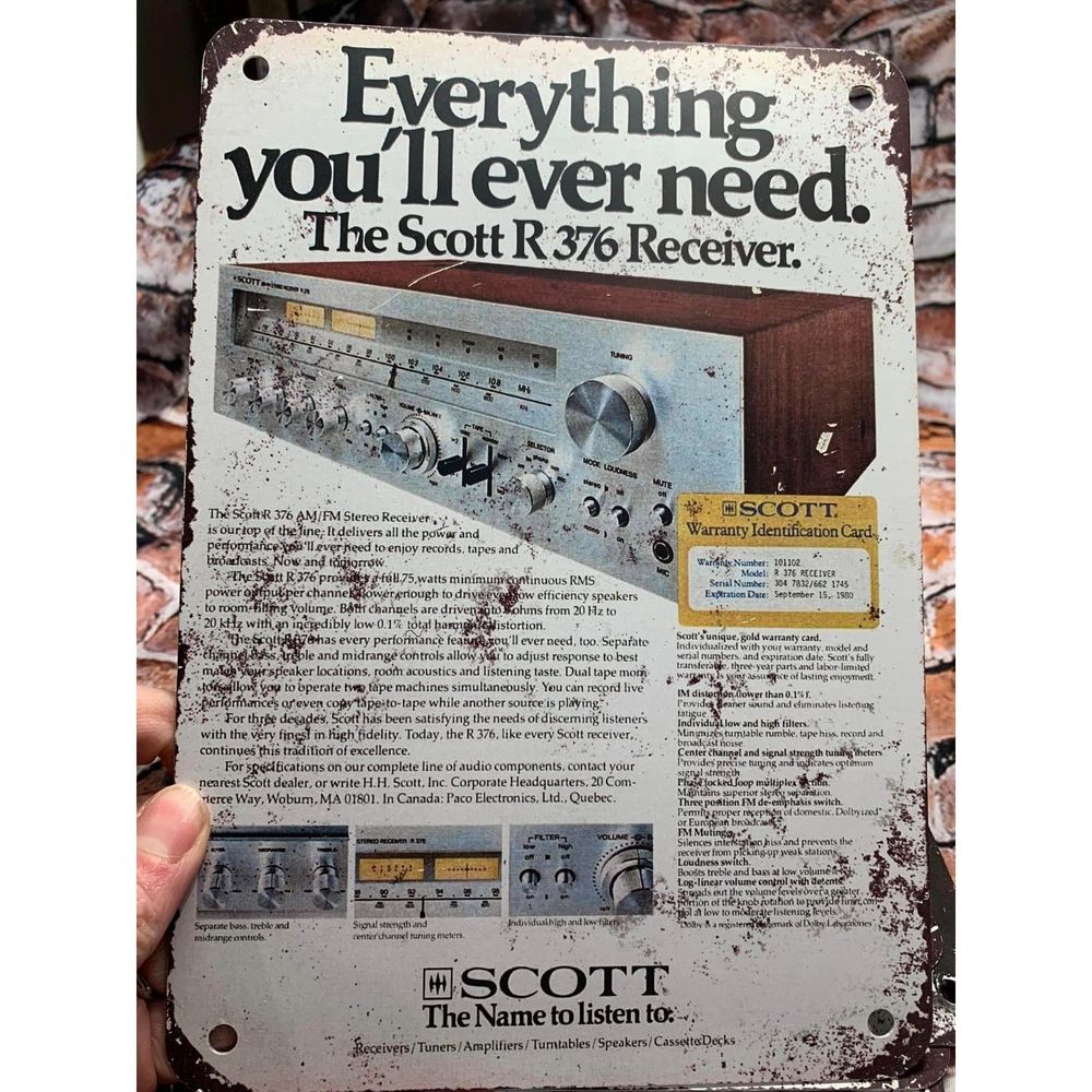 Vintage Hi-Fi !0 X 7 Distressed Metal Advertising Sign Wall Scott R 376 Receiver